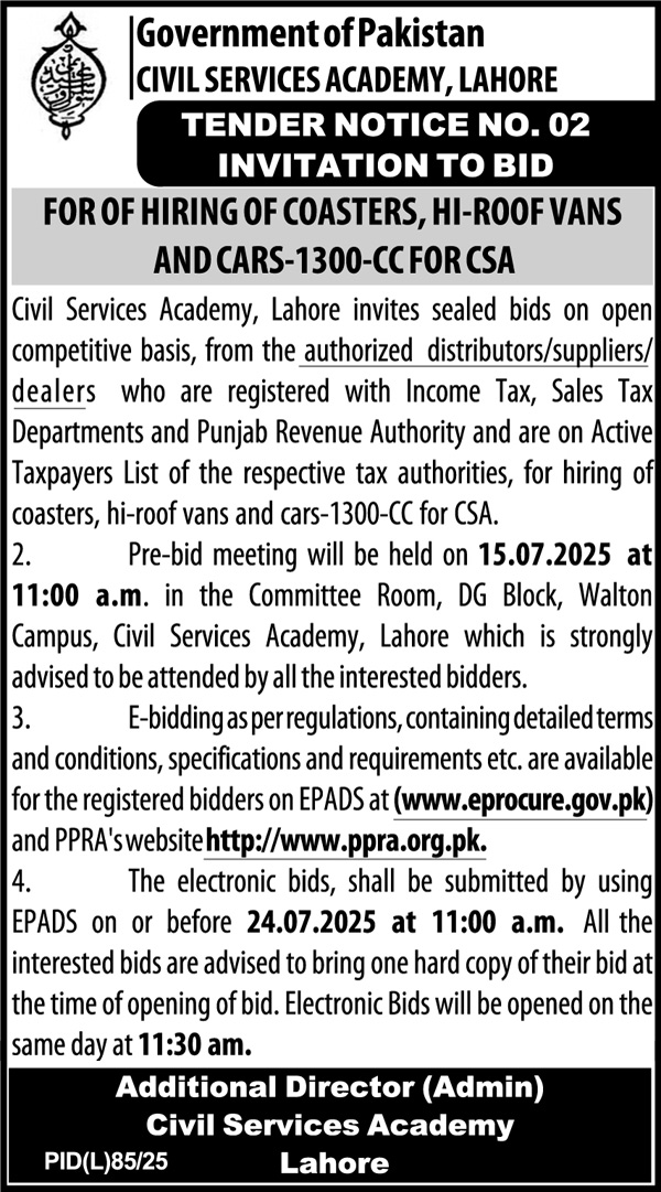 Civil Services Academy Lahore Tender Notice